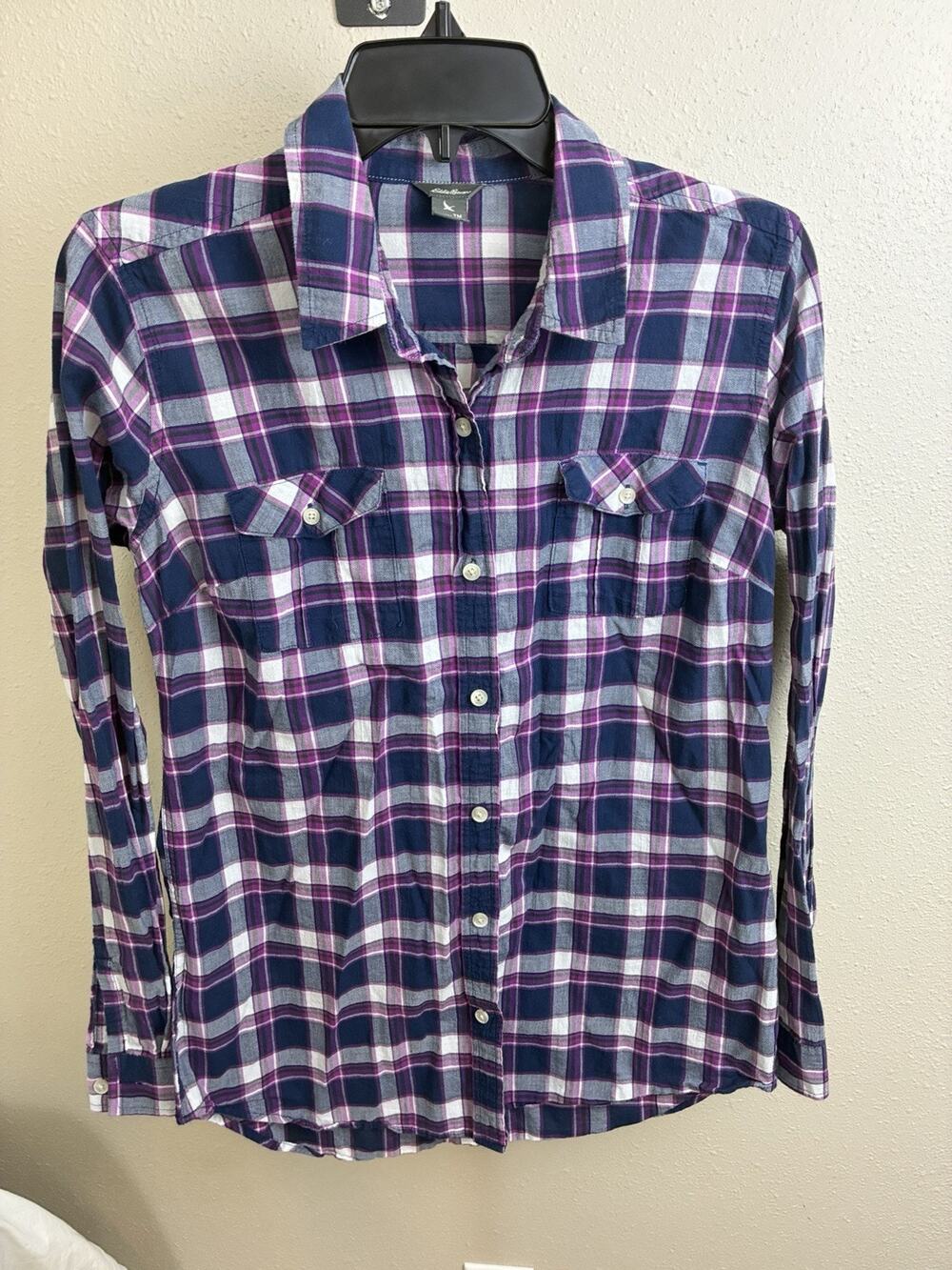 Eddie Bauer Womens Shirt Plaid Button Down Long Sleeve Purple Blue Sz Tall M